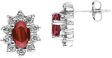6X4mm Oval Shaped Garnet and Diamond Flower Earrings in 14k White Gold