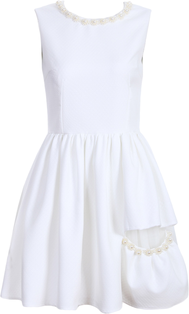 White Texture Skater Dress with Pearls Embellished Details
