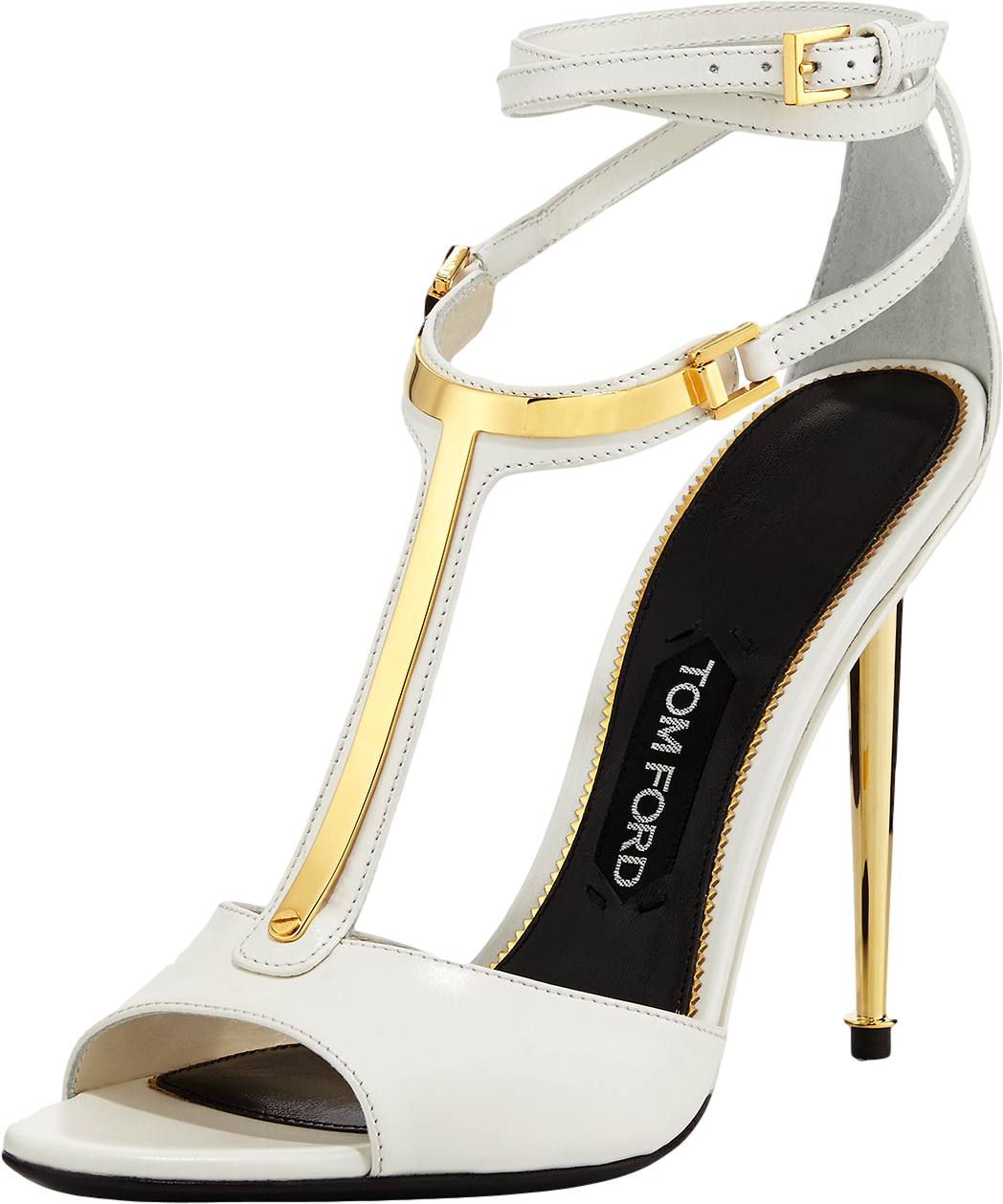 Leather T-Bar Ankle-Wrap Sandal, Chalk