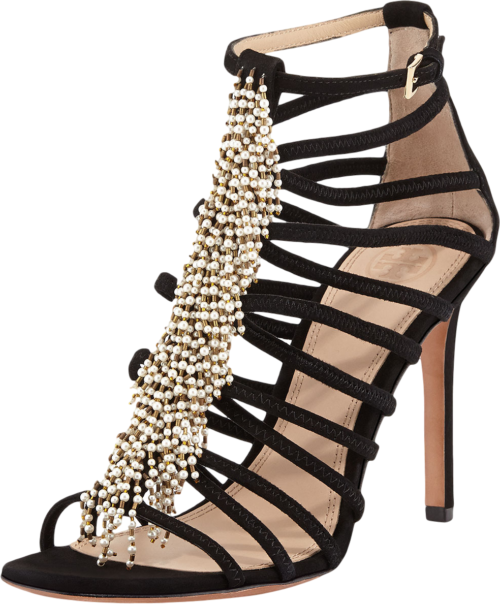 Mariel Pearly-Bead Suede Sandal, Black